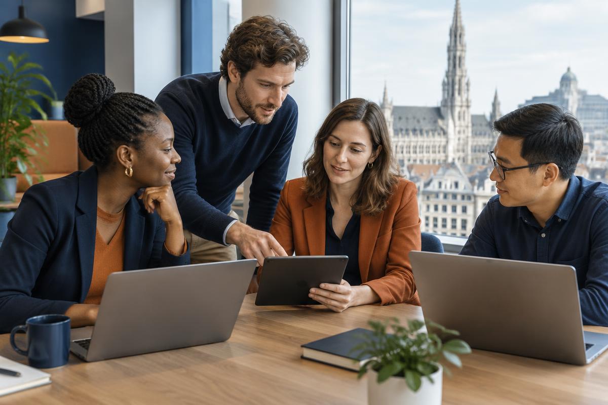 Une équipe consulte des horaires sur une tablette dans un bureau