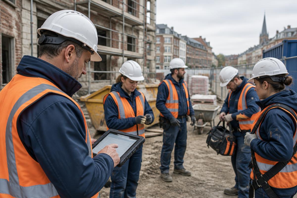 Une équipe de chantier enregistre sa présence sur une tablette