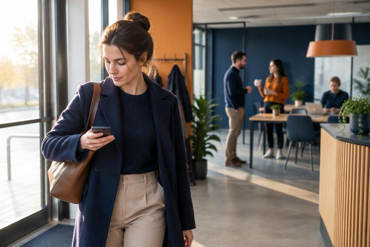 Une collaboratrice consulte son téléphone en arrivant au bureau