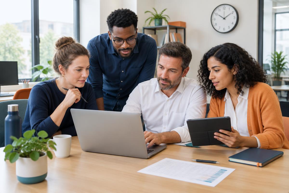Une équipe de PME examine un logiciel de pointage sur ordinateur et tablette