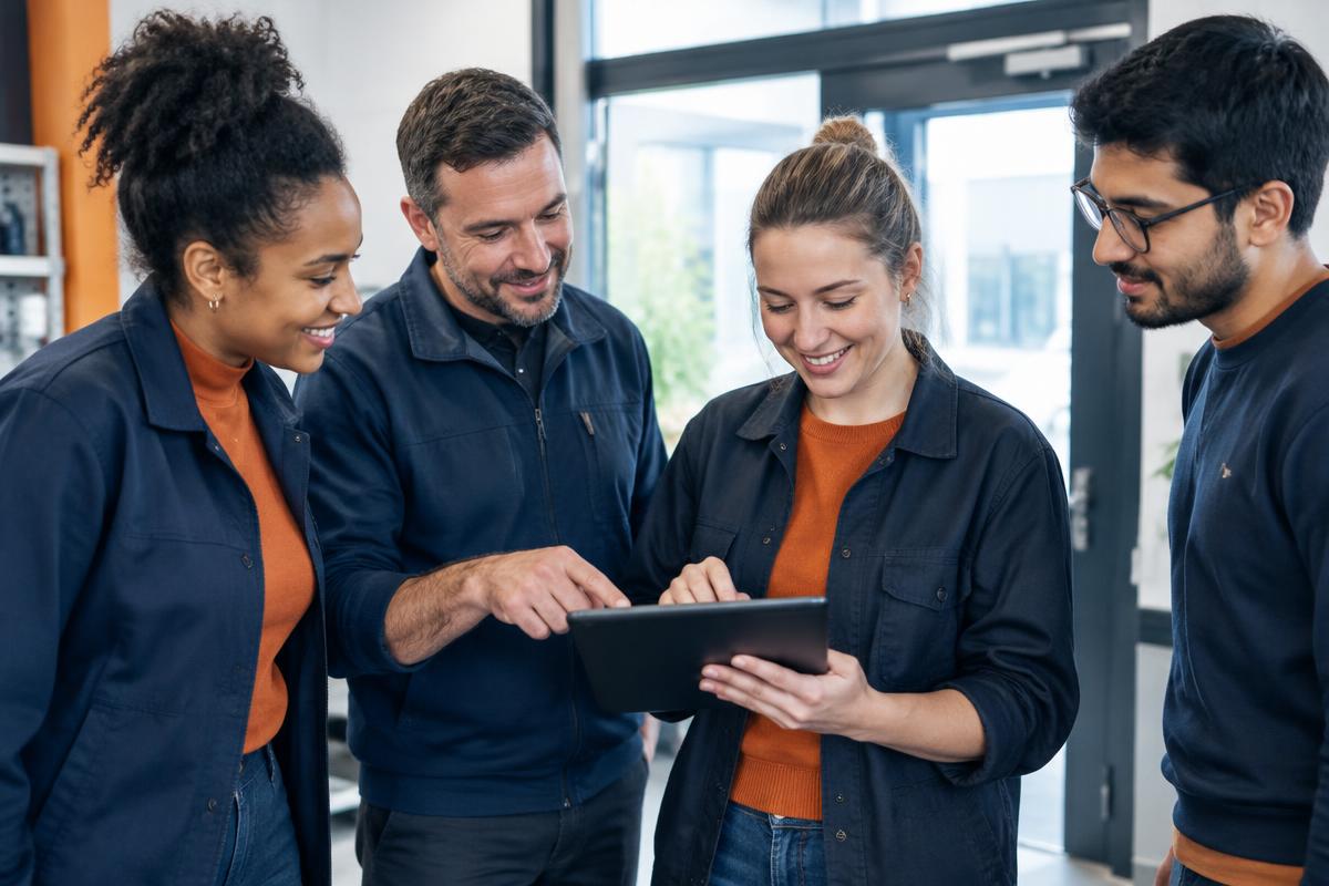Une équipe de PME teste ensemble un système de pointage sur tablette