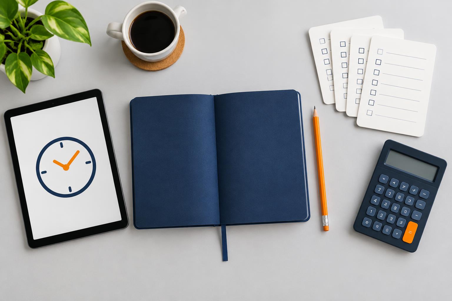 Tablette avec un symbole d’horloge, carnet et listes de vérification pour choisir un logiciel de pointage