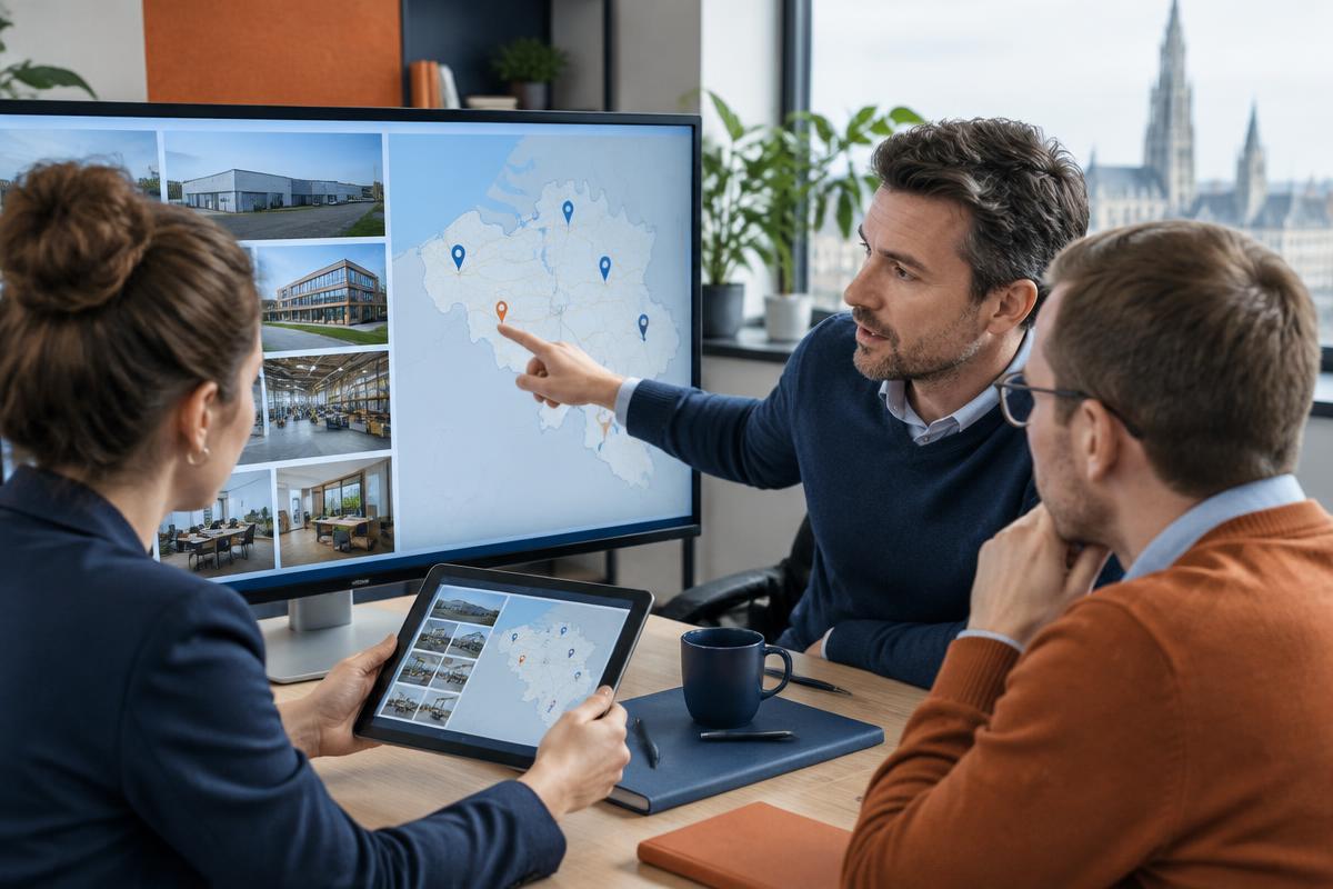 Une équipe compare plusieurs sites de travail sur un écran