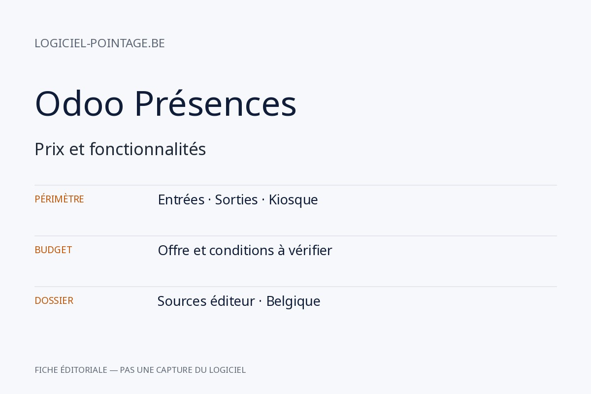 Fiche éditoriale Odoo Présences : entrées, sorties et kiosque ; sans capture d’interface