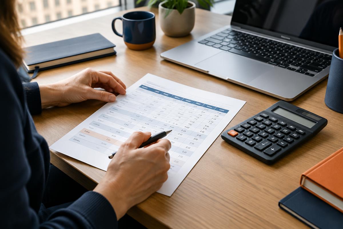 Une personne vérifie un relevé d'heures avec une calculatrice