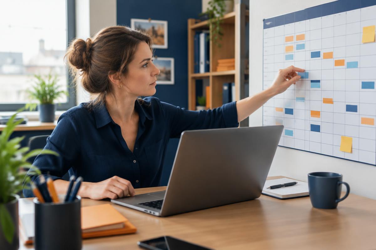 Une responsable organise un planning d'équipe devant son ordinateur