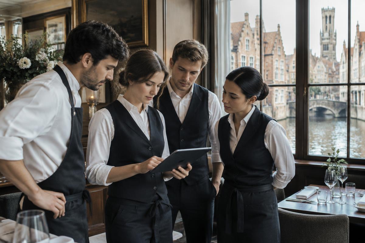 Une équipe horeca consulte son planning sur une tablette