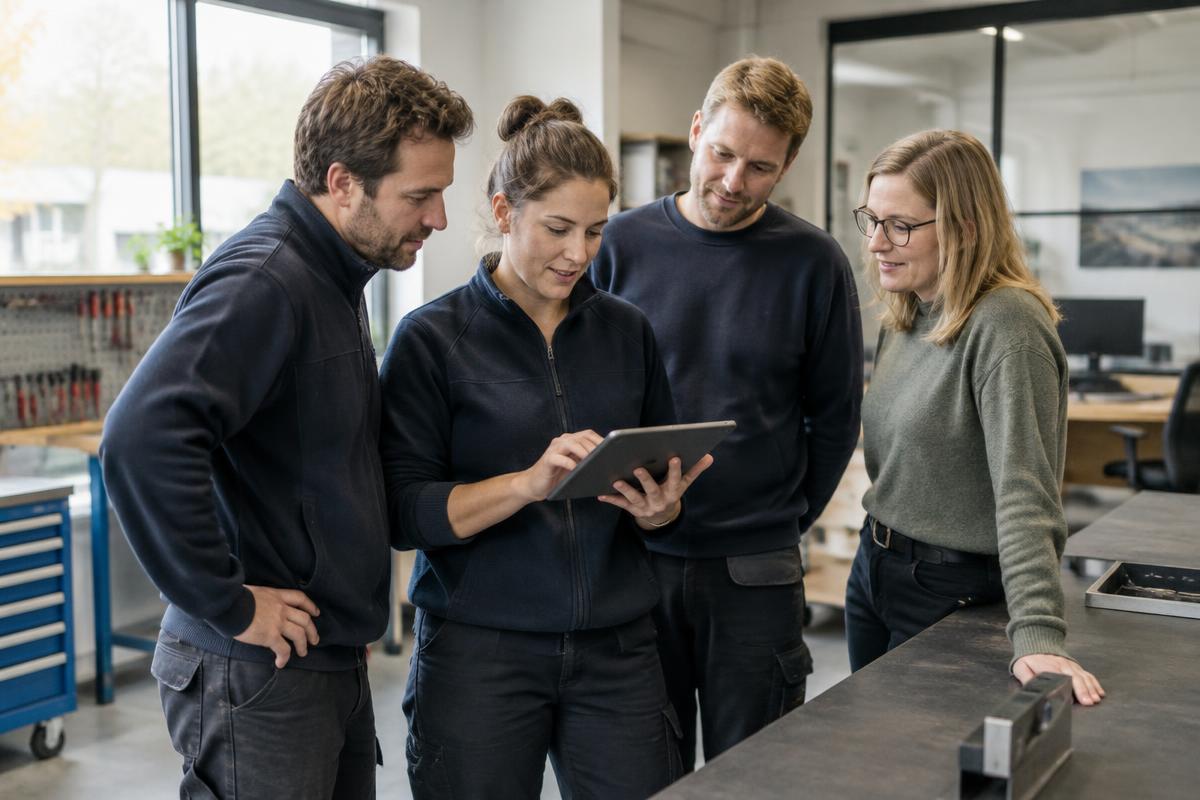 Une équipe utilise une tablette dans un atelier