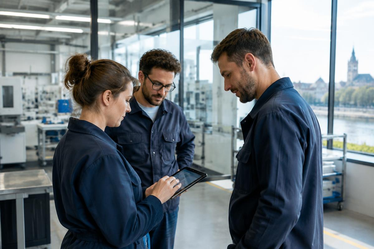 Une équipe de production vérifie ses heures sur une tablette