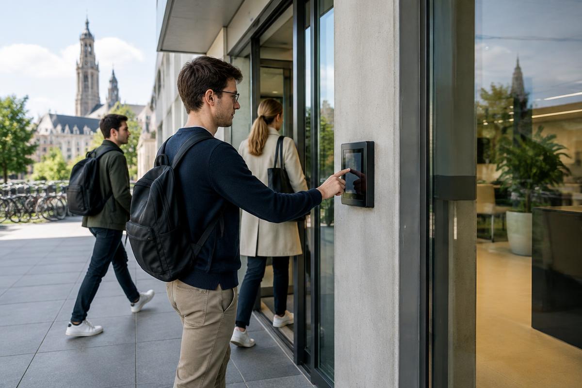Des collaborateurs pointent à l’entrée d’un bureau