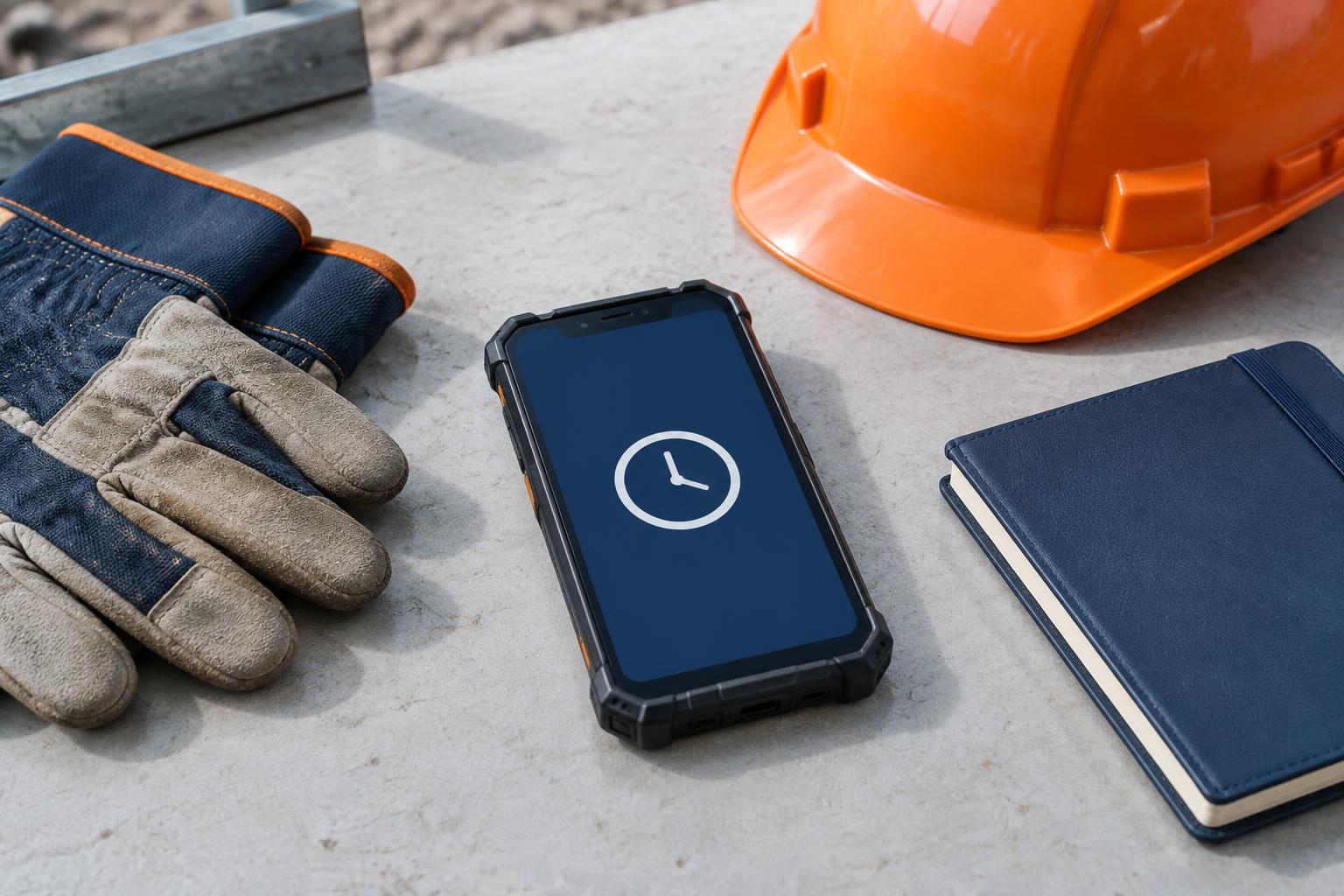Smartphone avec symbole d’horloge, gants et casque sur une table de chantier