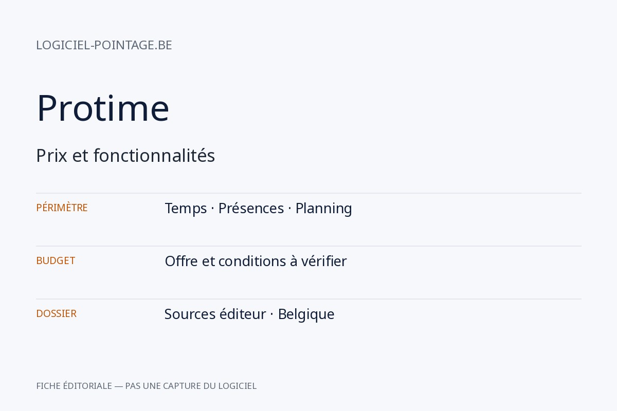 Fiche éditoriale Protime : temps, présences et planning ; sans capture d’interface