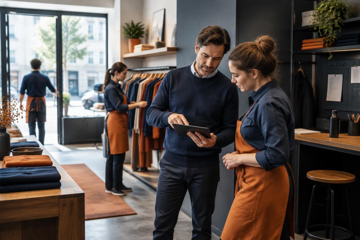 Un responsable et une employée consultent le planning d'un magasin