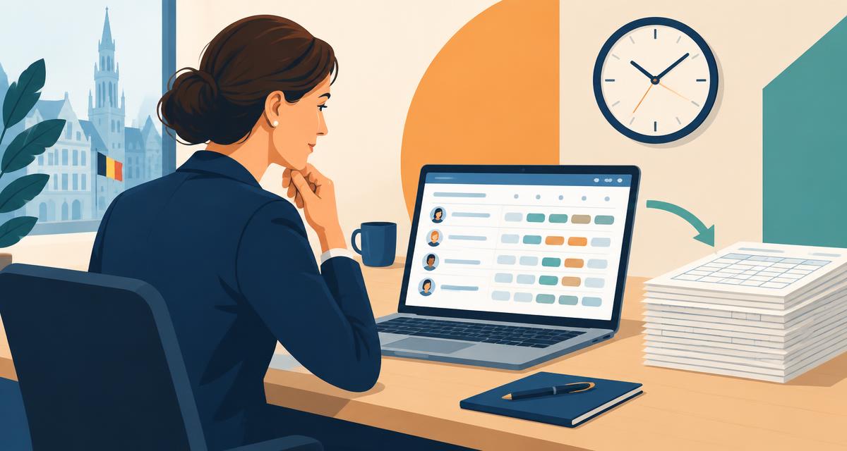 Une responsable consulte un tableau de suivi des heures sur ordinateur, à côté d'une pile de feuilles de temps papier