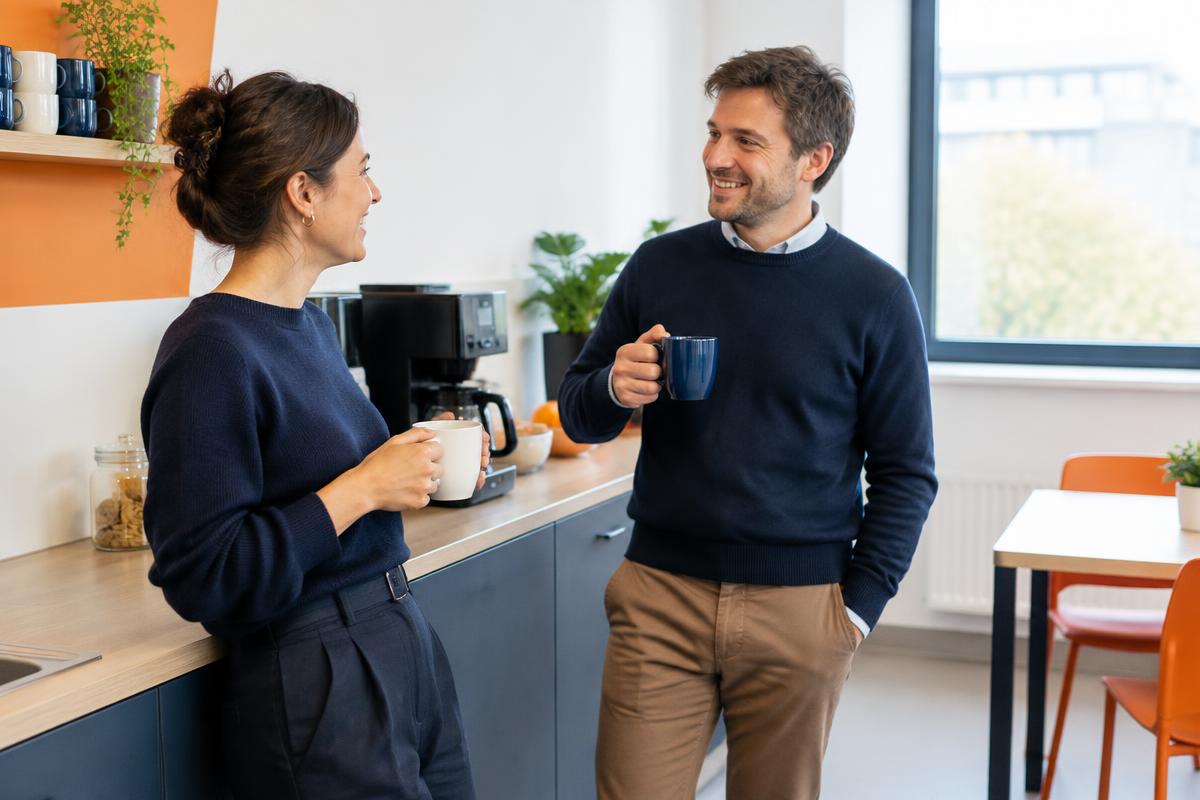 Deux collègues échangent pendant une pause-café au bureau